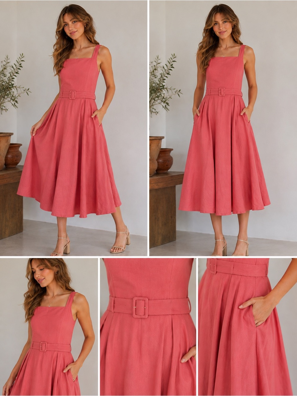 GMG Ruth Linen Dress Chic Pink Coral Belted Dress